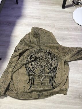 Affliction Olive Green and Black Zip-Up Hoodie with Crest Graphic
